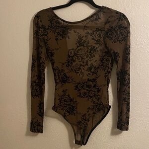 Sheer Floral Mesh Long-Sleeve Bodysuit